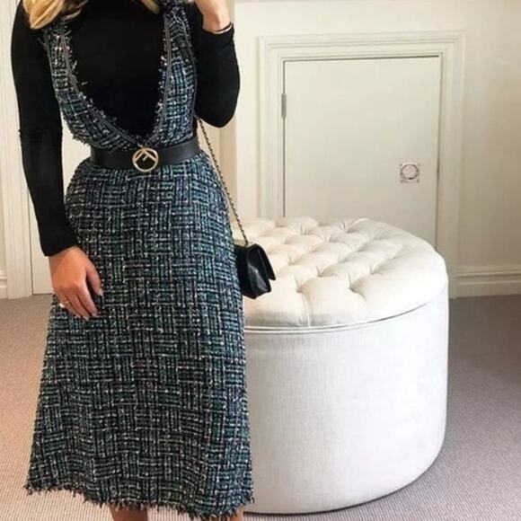 Zara NWOT Green Multi Tweed Classy Trending Overall A-Line Midi Dress Small - Picture 1 of 10